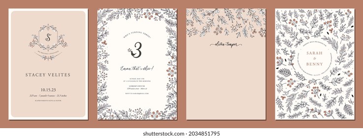 Modern universal artistic templates. Wedding and birthday invitations and corporate Holiday cards. Floral frames and backgrounds design.