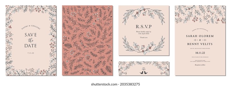 Modern universal artistic templates. Wedding invitations cards. Floral frames and backgrounds design. 