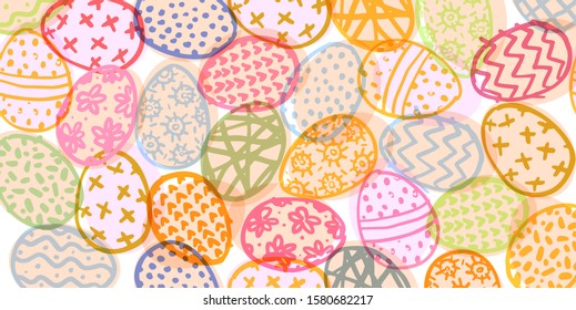 A modern universal Easter pattern of decorated eggs. Colorful doodle illustration with place for text. Holiday banner. Flat vector isolated on a white background.