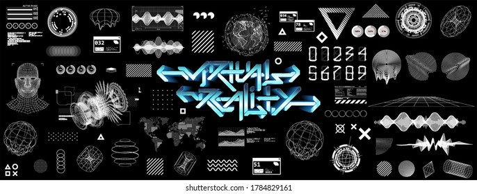 Modern universal futuristic shapes, HUD, GUI, Sky-fi with glitch effects. Cyberpunk retrofuturism concept. Vaporwave digital abstract elements for web banners, poster design and UI, UX, KIT.