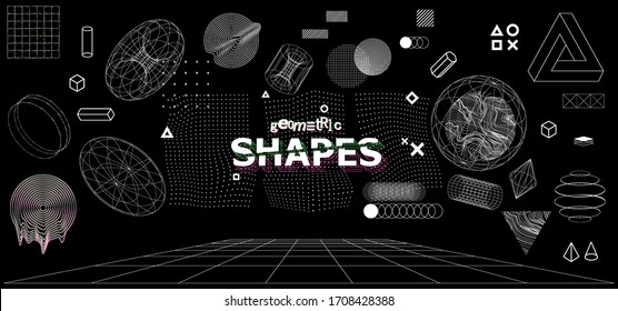 Modern universal trendy geometric shapes and 3D and other elements. Digital abstract set for you design. Cyberpunk, vaporwave in memphis and glitched style. Vector