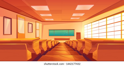 Modern university auditorium, college classroom, high school lecture hall cartoon vector empty interior with long chalkboard, lecturers table, students desks with seats on stairs illustration