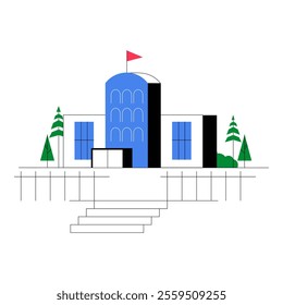 Modern University Building In Flat Vector Illustration Symbolizing Education, Campus Life, And Learning, Isolated On White Background