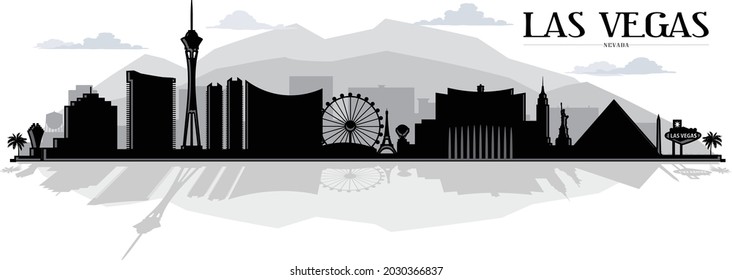 Modern updated silhouette illustration of the Las Vegas Nevada skyline with mountain and clouds in the background and reflection or shadow in foreground. Vector eps graphic design.