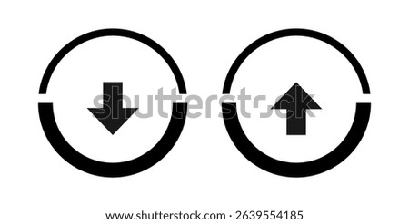Modern upload and download icons with arrows in circular frames, ideal for web interfaces, data transfer, and digital processes. Represents progress and direction