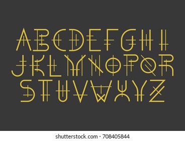 Modern uppercase geometric font in medieval style. Golden letters on black background. For music album covers, titles, posters of historical films.