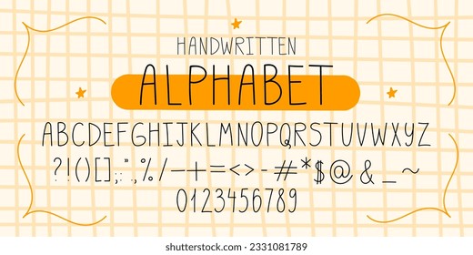 Moderne Großbuchstaben mit Zahlen und Satzzeichen lateinisches Alphabet handgezeichnet Vektorschriftart