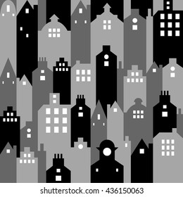 Modern urban area. Decorative buildings and the city skyline. Modern stylish texture. Vector seamless pattern. Black & White version.