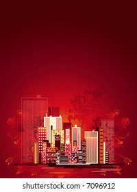 Modern urban background over red floral background, vector illustration