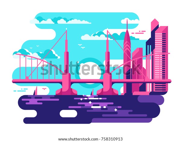 Modern urban bridge\
design flat. Architecture city infrastructure for transportation.\
Vector illustration