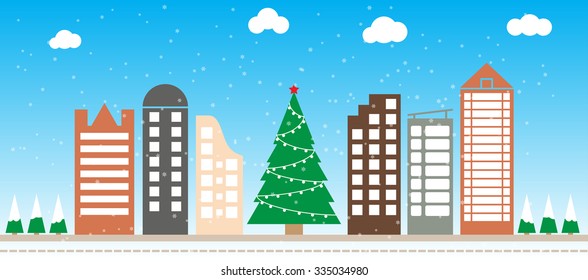 Modern urban building landscape with a big Christmas tree  vector illustration