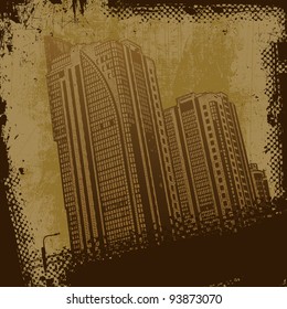 Modern urban buildings and grunge scratched background. retro style. vector illustration