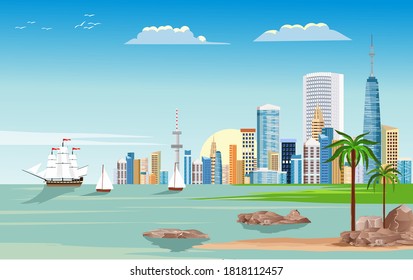 Modern urban city buildings on the ocean coast, yachts, clouds all reflected on the water,