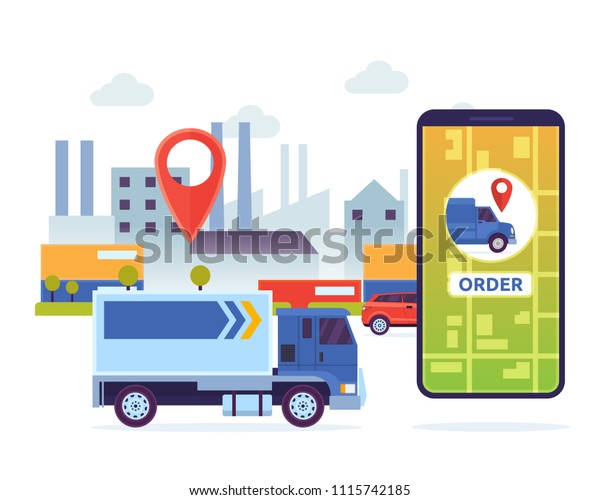 Modern Urban City Cargo Delivery Mobile\
Tracking System\
Illustration