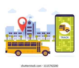 Modern Urban City Student Schoolbus Mobile Tracking System Illustration