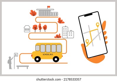 Modern Urban City Student Schoolbus Mobile Tracking System Illustration