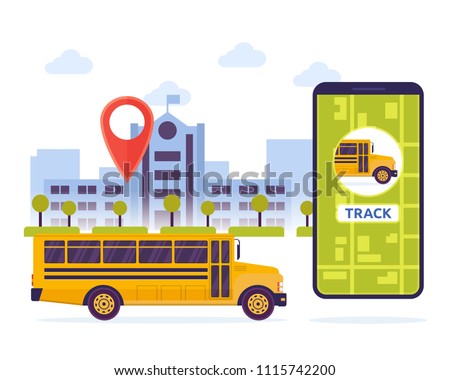 Modern Urban City Student Schoolbus Mobile Tracking System Illustration