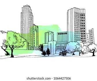 Modern urban cityscape. Hand drawn line sketch. Vector illustration on watercolor background