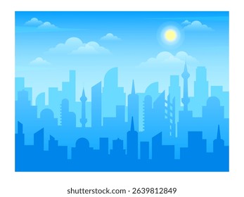 Modern urban cityscape silhouette with skyscrapers and towers rising against a sunny blue sky with fluffy clouds creating a vibrant and futuristic atmosphere