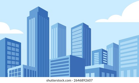 Moderna paisagem urbana da cidade Skyline Vetor Ilustração com edifícios de alta elevação e céu azul. Plano de fundo de design plano para a Web. Faixa. Pôster e Infográfico.