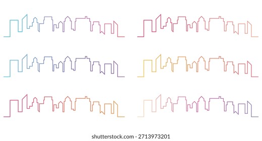 Modern urban cityscape skyline vector illustration set with vibrant gradient colorful line art perfect for architectural design concepts and city themed backgrounds