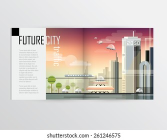modern urban cityscape with street traffic and different types of transportation- magazine mockup design