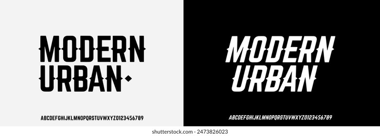 Modern urban, Condensed Font. Alphabet Uppercase . Number Ampersand Typography urban style condensed fonts for fashion, sport, technology, digital, music, movie, logo design, vector illustration