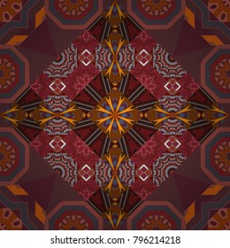 Modern urban dazzle paint. Fabric, wallpaper, cloth and textile design. Abstract pink, brown and red psychedelic print. Vector eco-styled background. Seamless impressive Mandalas pattern.