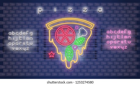 Modern Urban Design of Neon Glowing Sign with Slice of  Pizza Cafe Logo, Emblem. Retro Bright Signboard, Light Banner for Pizzeria on Brick Wall Background. Fluorescent Alphabet. Vector Illustration.