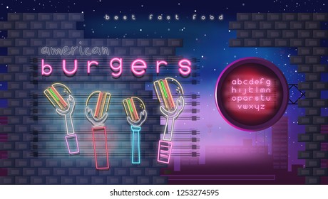 Modern Urban Design of Neon Glowing Sign for Burger Cafe Logo, Emblem. Bright Signboard in Night Town for Fast Food Restaurant, Bar or Pub. Billboard on City Road. Vector Illustration.