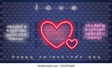 Modern Urban Design of Neon Glowing Sign with Heart Shape for Valentines Day Greeting and Fluorescent Alphabet. Retro Bright Signboard, Light Banner. Vintage Billboard. Vector Illustration.