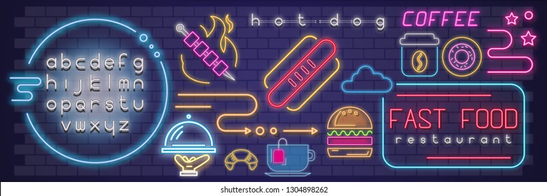 Modern Urban Design of Neon Glowing Sign for Fast Food Restaurant, Fluorescent Bar Logo, Emblem on Brick Wall. Set Food and Drink Electric Icons. Vector Illustration. Neon Alphabet.