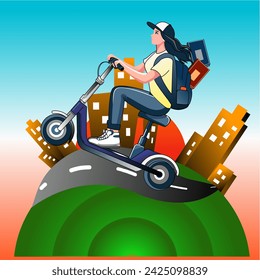 A modern urban explorer rides an electric scooter amidst colorful cityscape, embodying the spirit of adventure and freedom