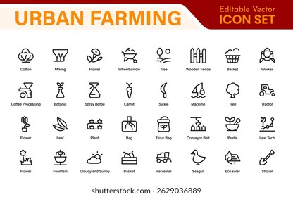 Modern Urban Farming Icons for Community Gardens – Clean Outline, Line Art, Vector Illustrations for Sustainable Farming, Urban Green Projects, and Apps
