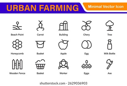 Modern Urban Farming Icons for Community Gardens – Clean Outline, Line Art, Vector Illustrations for Sustainable Farming, Urban Green Projects, and Apps