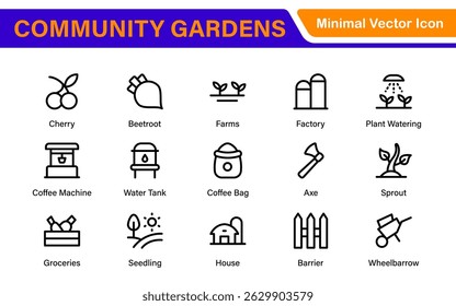 Modern Urban Farming Icons for Community Gardens – Clean Outline, Line Art, Vector Illustrations for Sustainable Farming, Urban Green Projects, and Apps