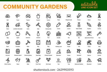 Ícones de Agricultura Urbana Moderna para Jardins Comunitários - Contorno Limpo, Arte Linear, Ilustrações Vetoriais para Agricultura Sustentável, Projetos Verdes Urbanos e Aplicações