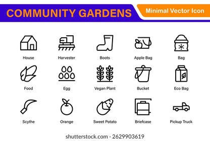 Modern Urban Farming Icons for Community Gardens – Clean Outline, Line Art, Vector Illustrations for Sustainable Farming, Urban Green Projects, and Apps