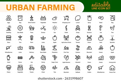 Modern Urban Farming Icons for Community Gardens – Clean Outline, Line Art, Vector Illustrations for Sustainable Farming, Urban Green Projects, and Apps