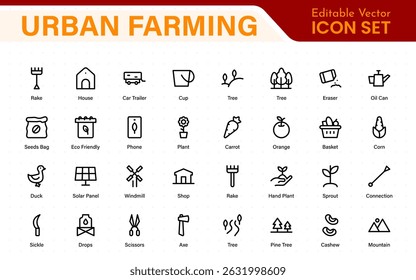 Modern Urban Farming Icons for Community Gardens – Clean Outline, Line Art, Vector Illustrations for Sustainable Farming, Urban Green Projects, and Apps