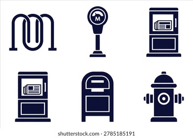 Modern urban icons set featuring subway entrance metro sign, newspaper vending machine, mailbox, fire hydrant, and parking meter in bold monoline design