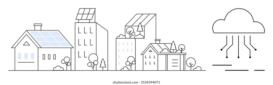 Moderne Stadtlandschaft mit Gebäuden, die mit Sonnenkollektoren und einer intelligenten Technologiewolke ausgestattet sind. Ideal für Nachhaltigkeit, intelligente Städte, erneuerbare Energien, grüne Technologie, umweltfreundliche Initiativen