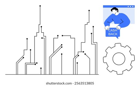 A modern urban landscape with circuit-like lines, a person holding a cashback sign, and a gear symbol. Ideal for technology, finance, urban development, automation, and innovation themes. Simple line