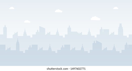 Modern urban landscape flat vector illustration. Foggy metropolis panorama, misty midtown skyline decorative background concept with copyspace. Business district buildings, skyscrapers silhouette
