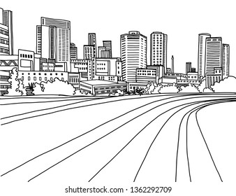 El paisaje urbano moderno. Dibujo de líneas dibujadas a mano. Tel Aviv, Israel. Ilustración del vector en blanco