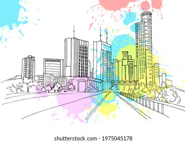 Modern urban landscape. Hand drawn line sketch. Tel Aviv, Ramat Gan, Israel. Vector illustration on colourful blobs background	