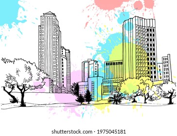 Modern urban landscape. Hand drawn line sketch. Tel Aviv, Ramat Gan, Israel. Vector illustration on colourful blobs background	