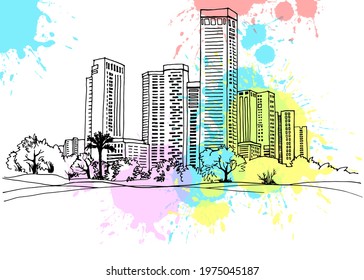 Modern urban landscape. Hand drawn line sketch. Tel Aviv, Ramat Gan, Israel. Vector illustration on colourful blobs background	