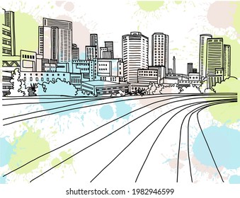 Moderne urbane Landschaft. Handgezeichnete Linienskizze. Tel Aviv, Ramat Gan, Israel. Vektorgrafik auf buntem Hintergrund