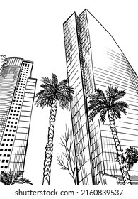 Modern urban landscape. Hand drawn sketch. Line art. Tel Aviv, Sarona, Israel. Vector illustration on white background. Without people.